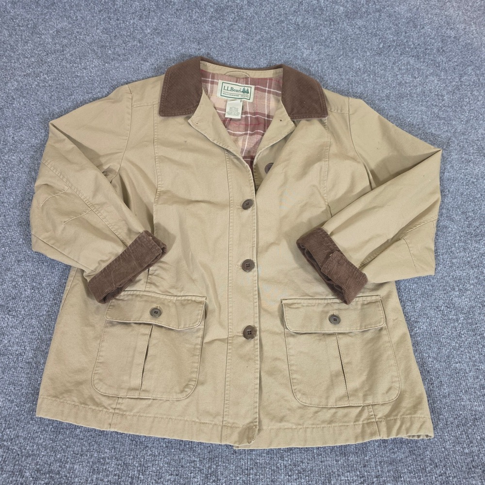 LL Bean Womens Large Petite Khaki Tan Plaid Lined Canvas Barn Coat Jacket Fall